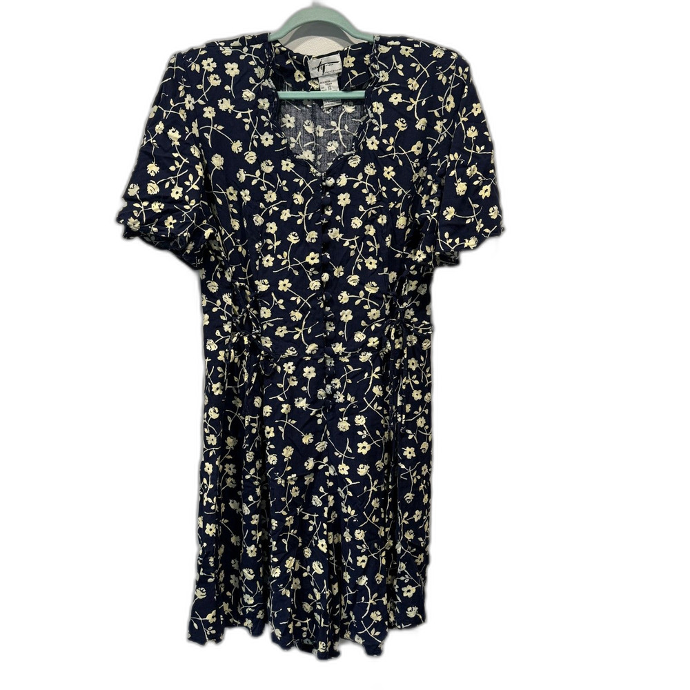 Vintage Floral Romper Navy Yellow Rayon Ties Cottagecore Prairie Women sz 20